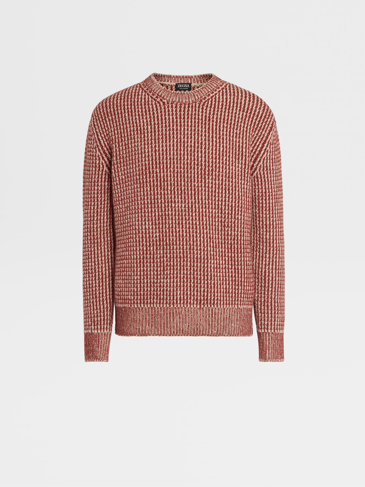 Suéter de Cuello Redondo en Oasi Cashmere Gris Pardo Claro y Rojo Oscuro